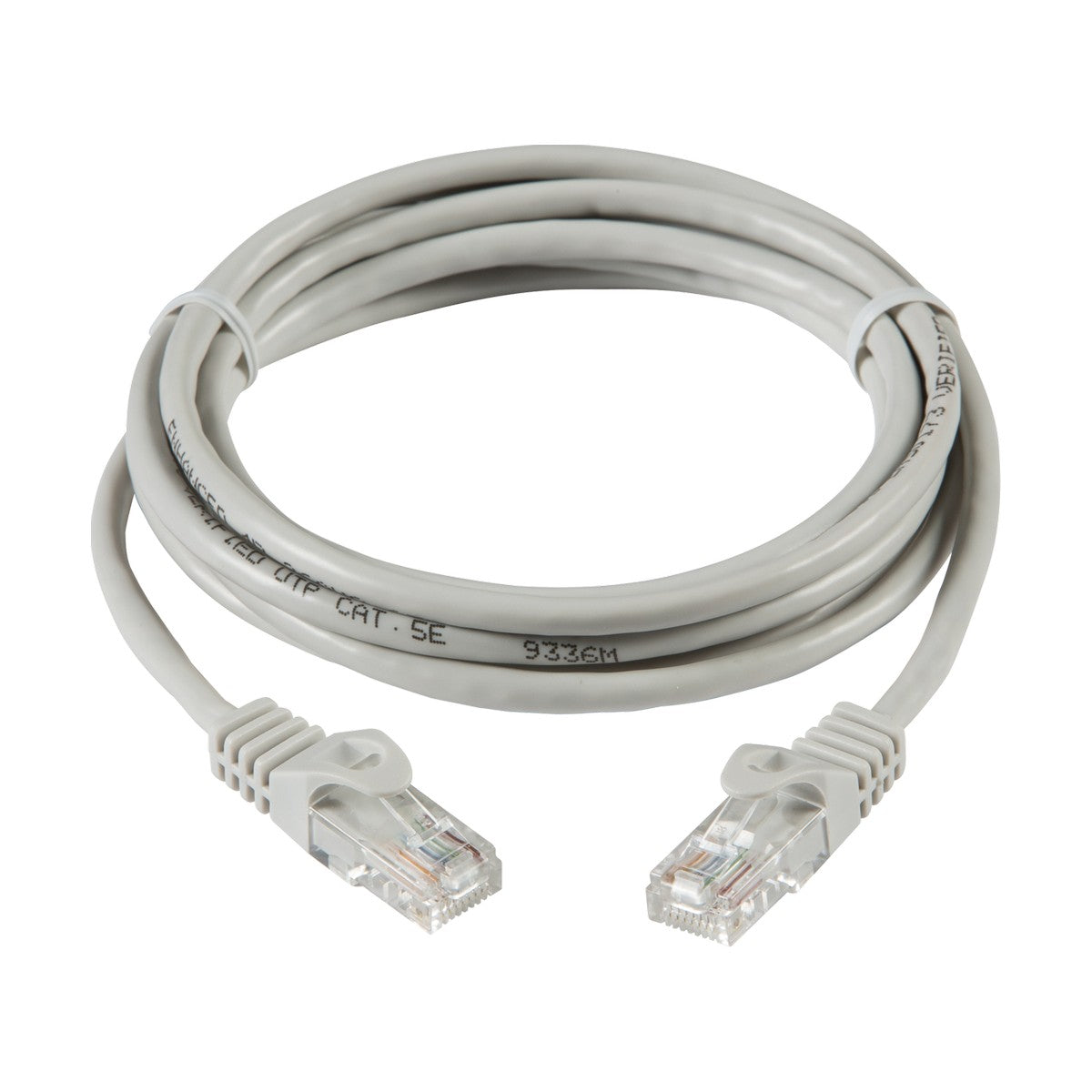 A neatly arranged 1m UTP CAT5e Networking Cable - Grey, featuring RJ-45 connectors on both ends and capable of Gigabit speeds, is displayed on a white background.