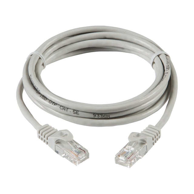 A neatly arranged 1m UTP CAT5e Networking Cable - Grey, featuring RJ-45 connectors on both ends and capable of Gigabit speeds, is displayed on a white background.
