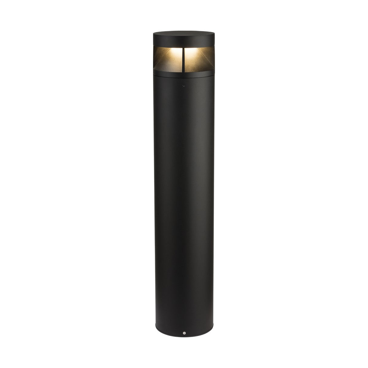A tall, sleek 26W LED Bollard Light in black, designed for outdoor use, features SMD LED technology and boasts a cylindrical form. Its top section delivers a warm, 360° light output for comprehensive illumination against a plain white background.