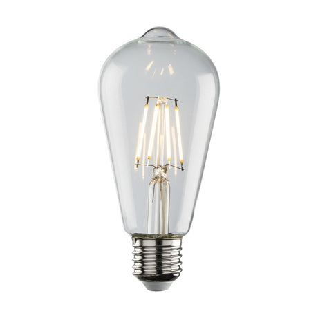 Introducing the 4W Dimmable LED ST64 Filament Bulb, featuring a vintage-style design with a clear glass exterior and visible LED filament. This bulb includes a standard screw base and emits warm white light at 2700K, providing an inviting glow with its decorative and retro charm.