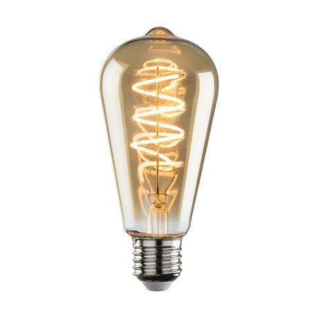 Introducing the 4W Dimmable LED ST64 Spiral Filament Bulb, featuring a glowing spiral filament within a teardrop-shaped glass and metallic screw base. This retro-style bulb emits a warm amber light at 1800K, enhancing its classic and decorative design.