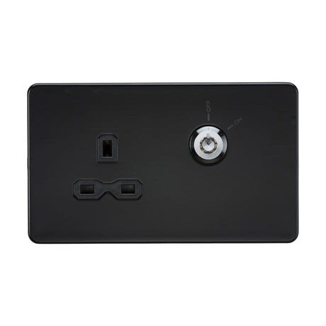 The 13A DP Key Lockable Socket (2 Gang Plate) in matt black, featuring a black insert and a screwless design, includes a standard three-prong socket on the left and a key-operated circular switch with ON and OFF labels on the right to prevent unauthorized use in communal areas.