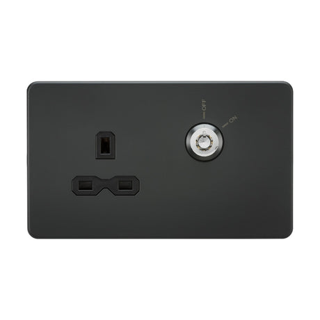 The 13A DP Key Lockable Socket (2 Gang Plate) in Anthracite, featuring a black insert, includes an integrated switch for on and off positions and a key lock. This design prevents unauthorized use while offering a three-prong socket for secure connections.