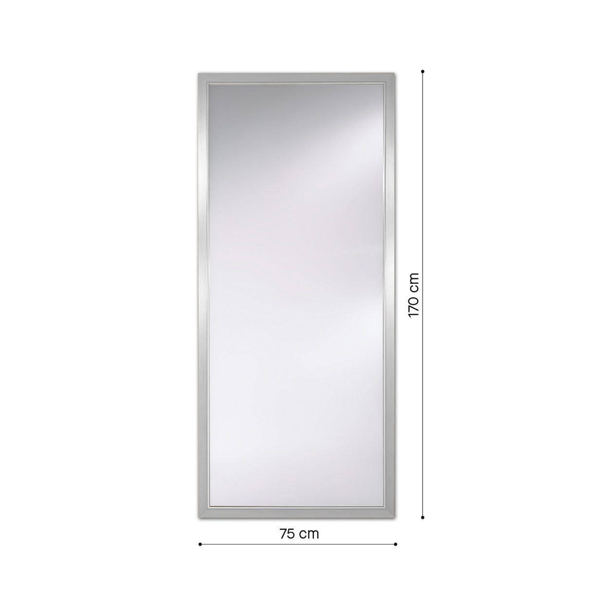 Bremen Silver full length mirror, 170cm x 75cm, in a rectangular moulded frame with a stepped silver profile, shown against a plain white background with dimension guides.