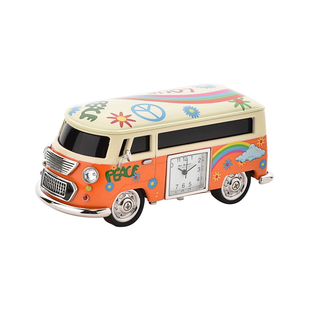 Miniature orange and cream metal camper van mantel clock, hand-painted with PEACE and LOVE, peace symbols, flowers and rainbows, analogue clock face on the side, on a white background.