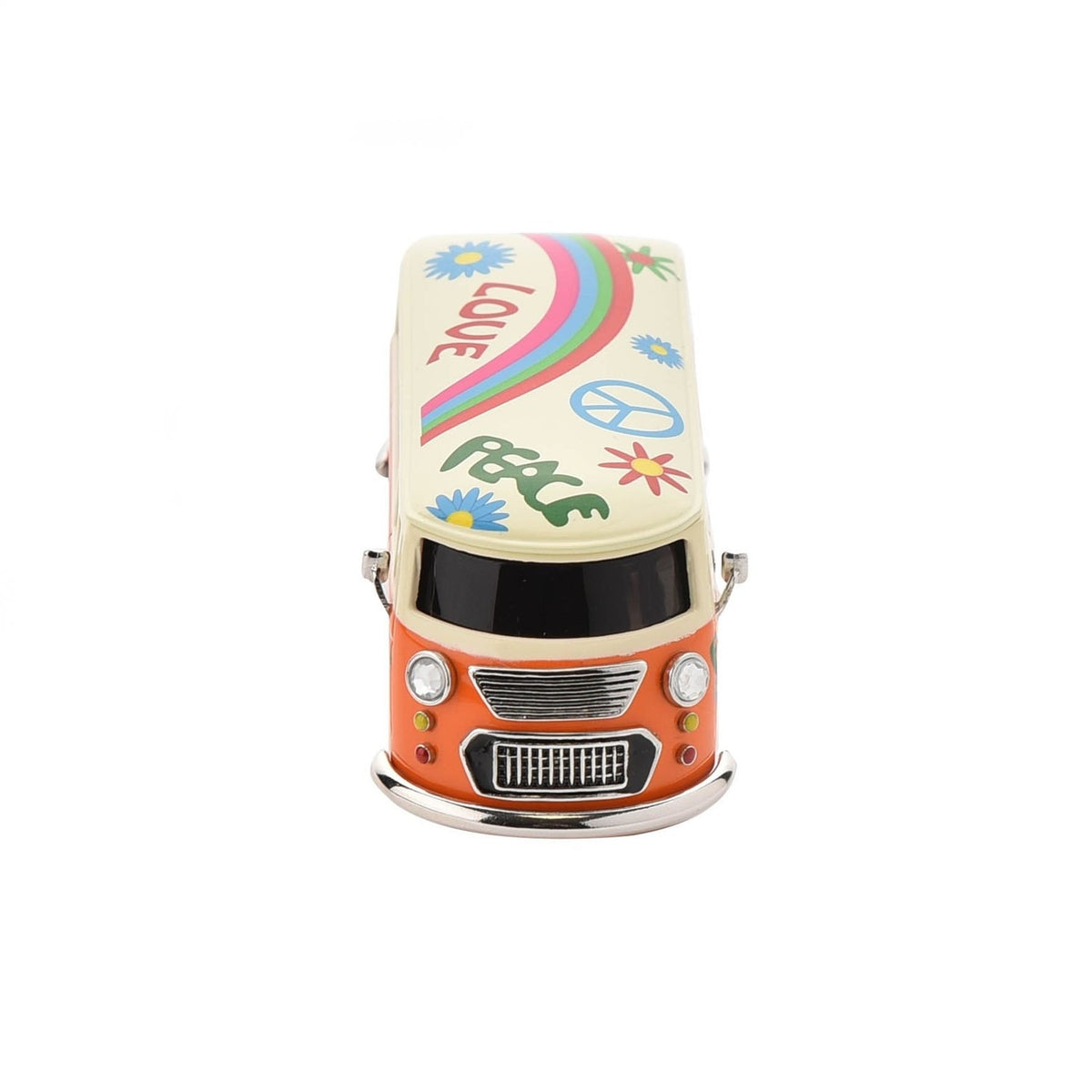 Miniature camper van mantel clock in orange with cream roof, painted with PEACE lettering, LOVE text, rainbows, peace symbols and flowers, shown on a plain white background.