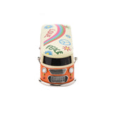 Miniature camper van mantel clock in orange with cream roof, painted with PEACE lettering, LOVE text, rainbows, peace symbols and flowers, shown on a plain white background.