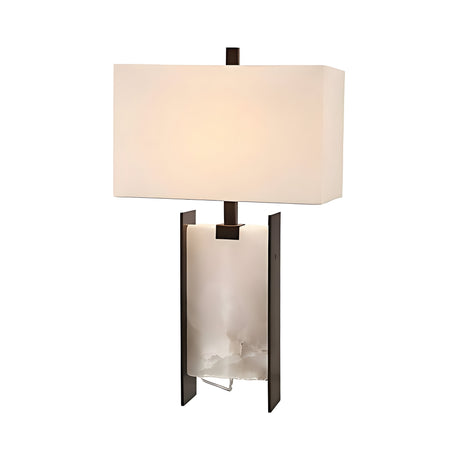 The Valcera 1 Light Framed Vertical Alabaster Table Lamp in black and soft white features a modern dark metal frame, rectangular alabaster shade, and a frosted glass panel, set against a white background.