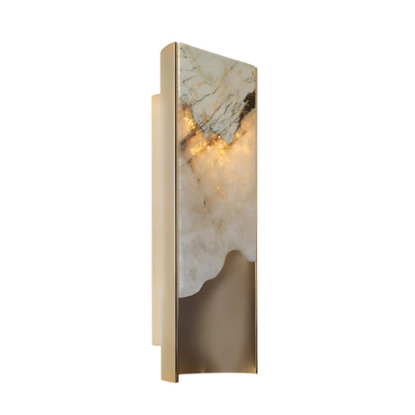 The Veloris LED Large Carved Alabaster Wall Light in Brushed Brass & Soft White features a rectangular panel with natural veining and a gold-toned base, casting a warm, soft glow through its modern marble-like stone.