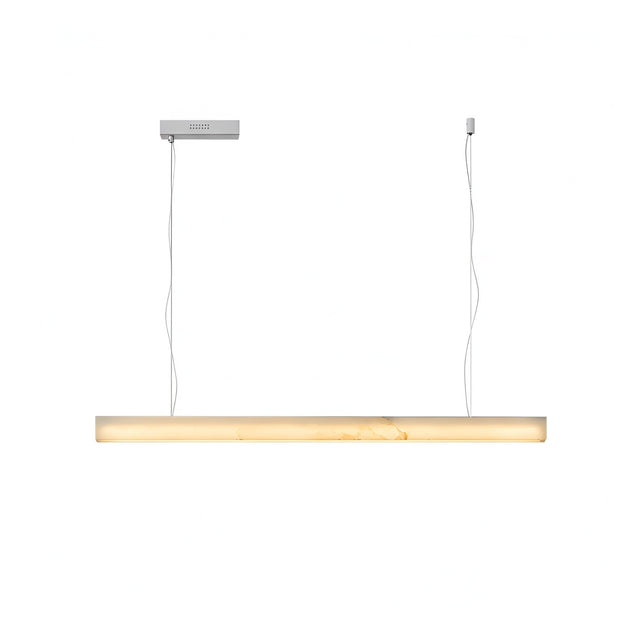 The Alba Small Alabaster Linear Suspension Light - Soft White features a glowing, marble-textured Spanish alabaster bar hanging horizontally by two thin wires from a rectangular ceiling mount—ideal for kitchen island lighting.