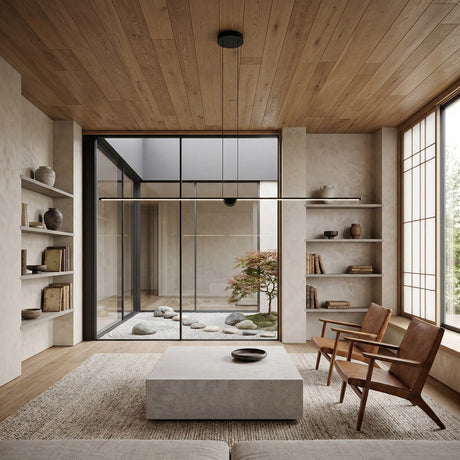 A modern minimalist living room features neutral walls, wooden ceiling and chairs, open shelves with books and pottery, a stone coffee table, and the Minimo LED Large Bar Suspension Light - Black illuminating a glass wall with a Japanese Zen garden.