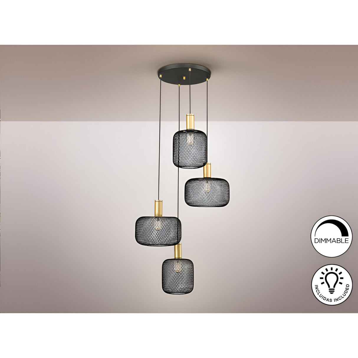 Osiris 4 Light Metal Mesh Cluster Pendant - Gold/Black