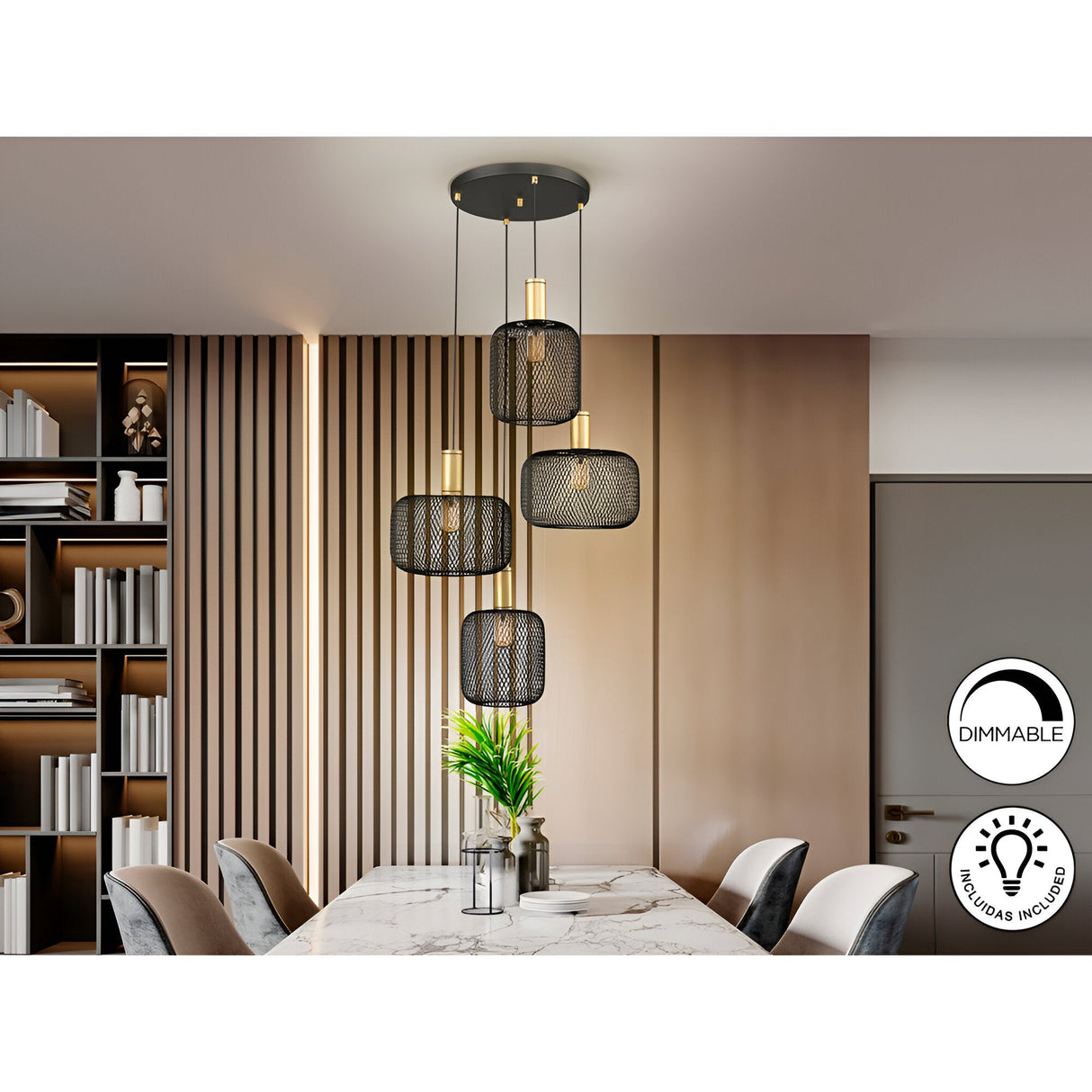 Osiris 4 Light Metal Mesh Cluster Pendant - Gold/Black