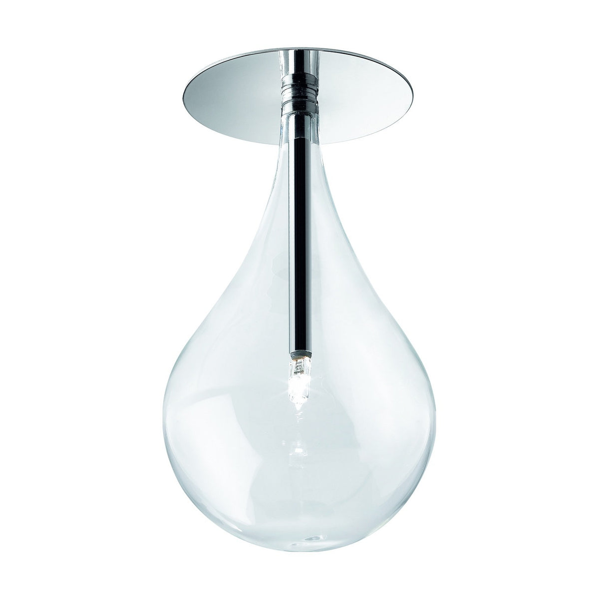 Yarvelle Glass Downlight in chrome, a clear teardrop glass shade on a slim chrome rod from a round flush ceiling plate, G4 bulb visible inside, shown on a white background.