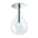 Yarvelle Glass Downlight in chrome, a clear teardrop glass shade on a slim chrome rod from a round flush ceiling plate, G4 bulb visible inside, shown on a white background.