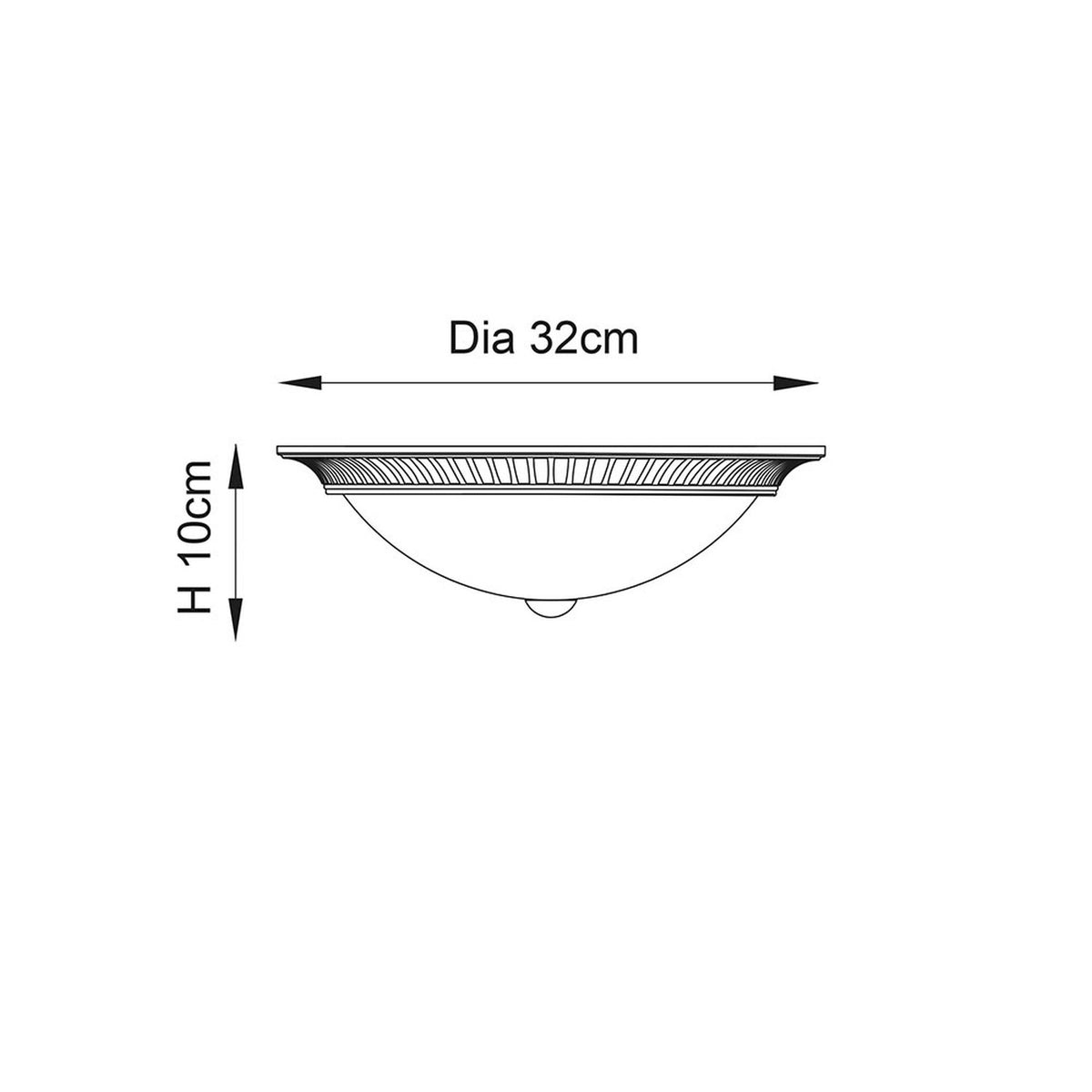 Line drawing of the Bravenne flush ceiling light showing a fluted antique brass rim, rounded frosted glass shade with brass finial, and dimensions of 32cm diameter by 10cm height.