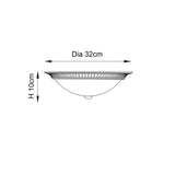 Line drawing of the Bravenne flush ceiling light showing a fluted antique brass rim, rounded frosted glass shade with brass finial, and dimensions of 32cm diameter by 10cm height.