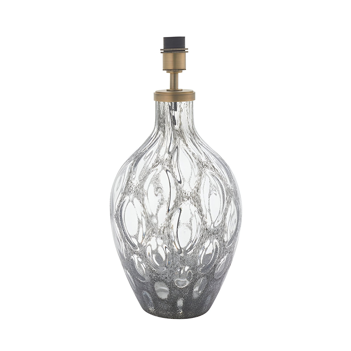 Endon Brenstead table lamp base in textured artisan glass with charcoal tint and matt antique brass fitting, shown without shade on a white background.