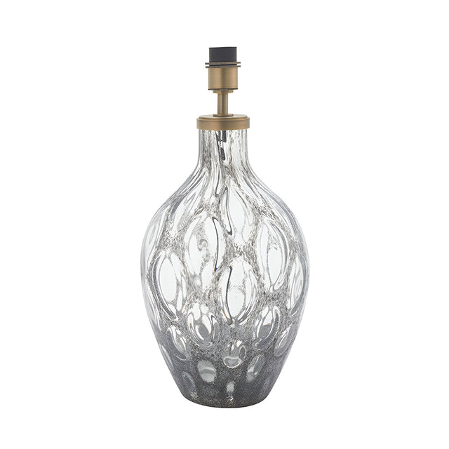 Endon Brenstead table lamp base in textured artisan glass with charcoal tint and matt antique brass fitting, shown without shade on a white background.