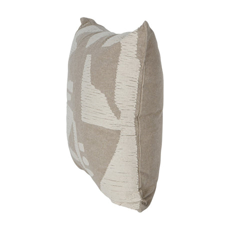 Libra Interiors Textured Cotton 50cm square cushion in beige with cream stitched abstract motif and piped edge, shown upright against a white background.