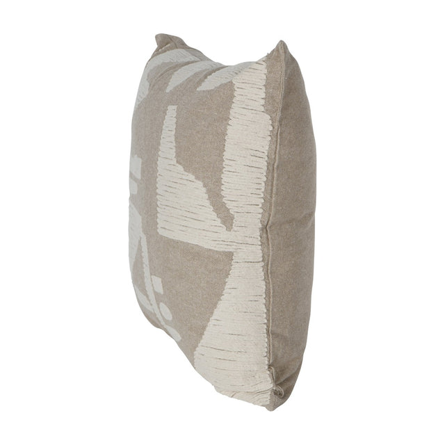 Libra Interiors Textured Cotton 50cm square cushion in beige with cream stitched abstract motif and piped edge, shown upright against a white background.