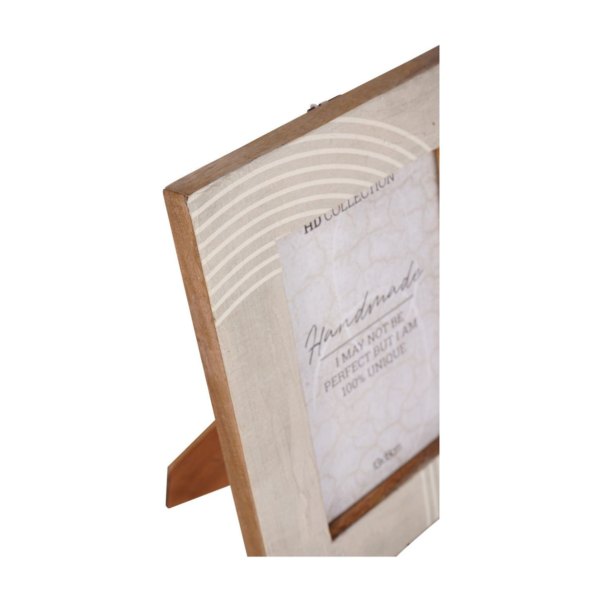 Close-up of the Libra Interiors Arched Line mango wood photo frame in cream, showing arched line detail on the border and fold-out easel back.