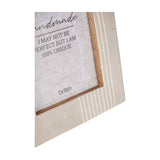 Close-up corner detail of Libra Interiors Arched Line mango wood photo frame in cream, showing fine striped border pattern and exposed wood inner edge.