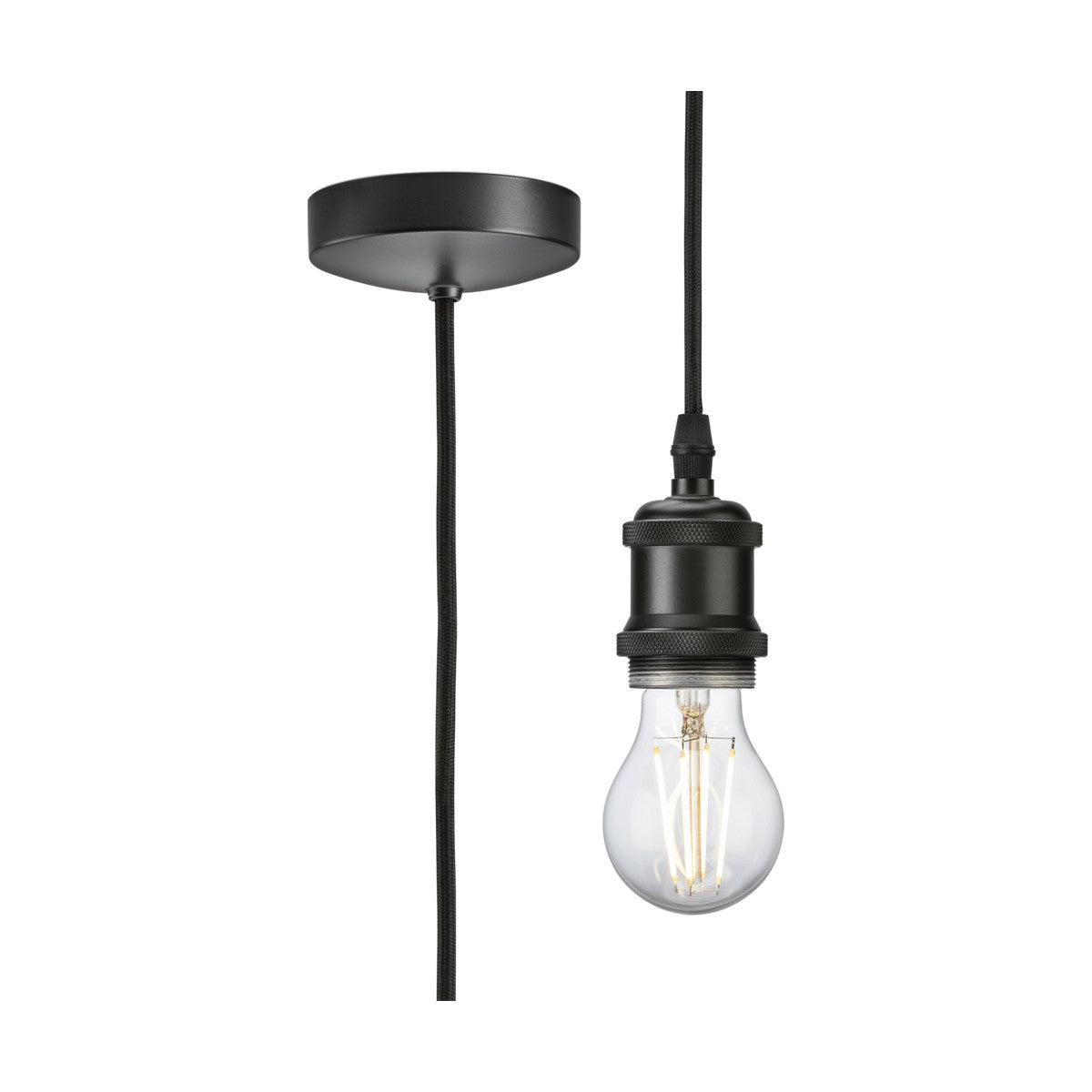Introducing the 1.8m ES Vintage Pendant Set in Smoked Bronze: a striking pendant light fixture with an exposed bulb suspended from a cord. This design, showcasing a vintage-style metal pendant and E27 lamp base, includes a circular ceiling mount that enhances its industrial appeal.
