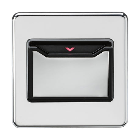 The 32A 1 Gang Key Card Switch, featuring a polished chrome, wall-mounted design with a square shape and screwless low profile, is enhanced by a black inner frame. Its center boasts a translucent surface with a small red triangle indicator pointing downwards, making it an ideal choice for hotel room power switches.