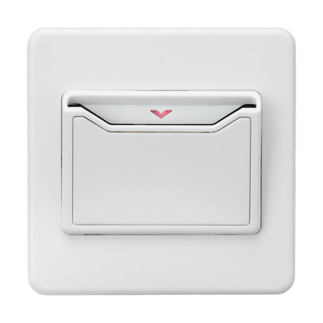 The 32A 1 Gang Key Card Switch - Matt White, showcasing a screwless low-profile design and adorned with a small red arrow indicator at the top center, is slightly tilted in the off position. Set against a plain white background, it resembles a hotel room power activation setup.