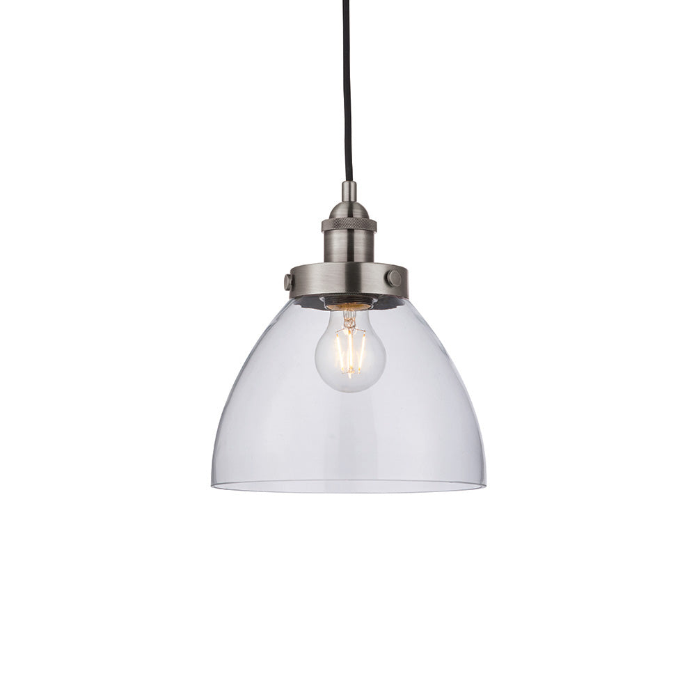 Wentworth Pendant Light in silver, a single-drop industrial fitting with a clear glass dome shade and knurled metal lamp holder.