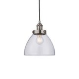 Wentworth Pendant Light in silver, a single-drop industrial fitting with a clear glass dome shade and knurled metal lamp holder.