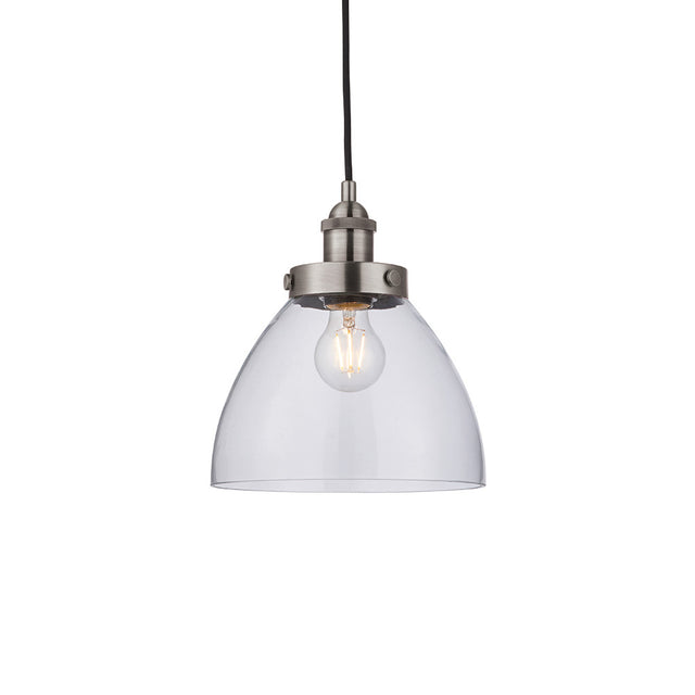 Wentworth Pendant Light in silver, a single-drop industrial fitting with a clear glass dome shade and knurled metal lamp holder.