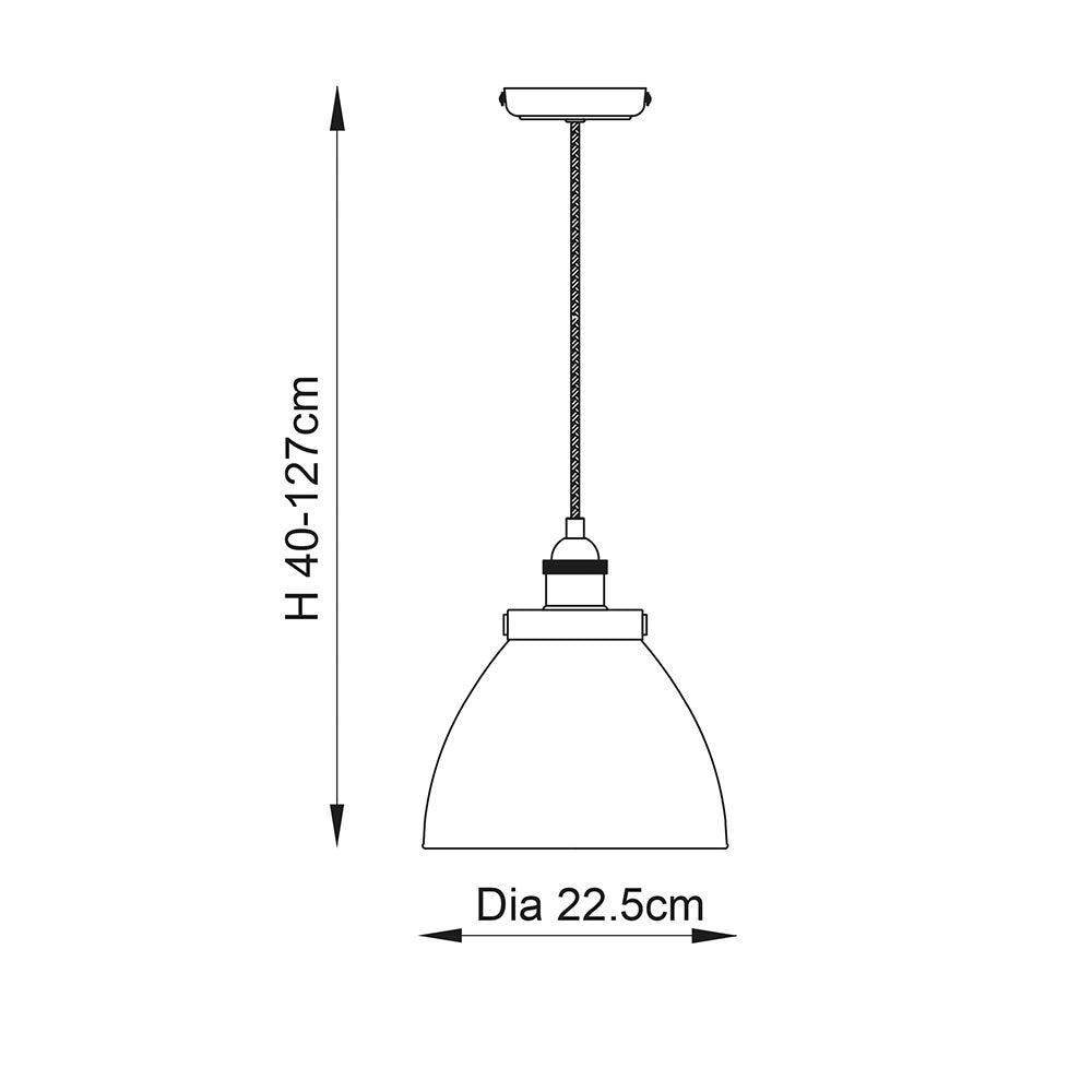 Wentworth Pendant Light in silver, technical line drawing showing a dome shade on a cord, with height 40-127cm and diameter 22.5cm dimensions.