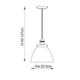 Wentworth Pendant Light in silver, technical line drawing showing a dome shade on a cord, with height 40-127cm and diameter 22.5cm dimensions.