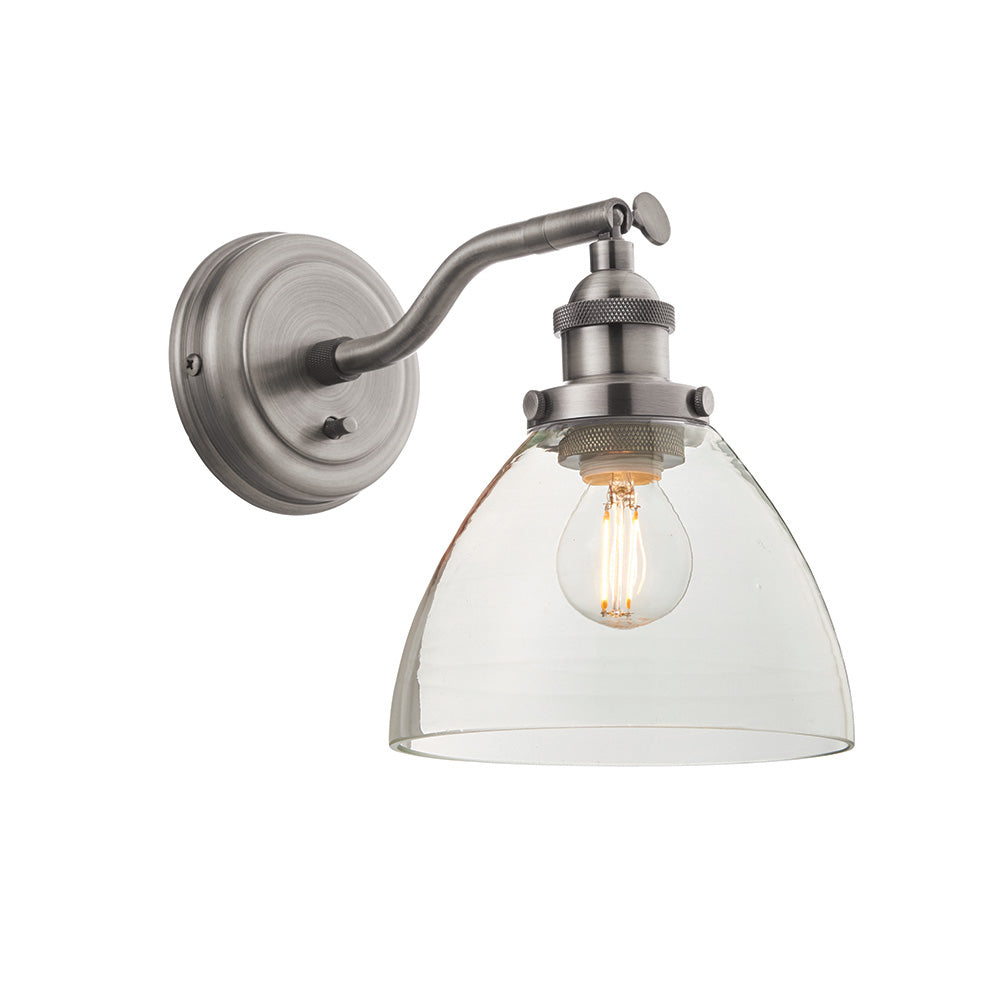 Wentworth Wall Light in silver, an industrial-style fixture with adjustable knuckle arm, knurled lamp holder and clear domed glass shade.