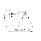 Wentworth Wall Light in silver: line drawing showing adjustable knuckle arm, dome shade and wall bracket with dimensions H22cm, D27.5cm x W15cm.