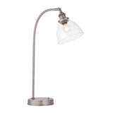 Endon Wentworth industrial table lamp in brushed silver with arched stem, adjustable clear glass dome shade and E14 bulb, on a plain background.