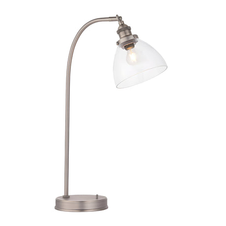 Endon Wentworth industrial table lamp in brushed silver with arched stem, adjustable clear glass dome shade and E14 bulb, on a plain background.