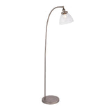 Endon Wentworth arched floor lamp in brushed silver with knurled lamp holder and clear glass dome shade on a round base, shown against a white background.
