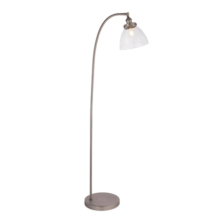 Endon Wentworth arched floor lamp in brushed silver with knurled lamp holder and clear glass dome shade on a round base, shown against a white background.