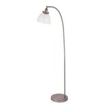 Endon Wentworth arched floor lamp in brushed silver with adjustable knuckle head and clear glass dome shade, on a round base against a white background.