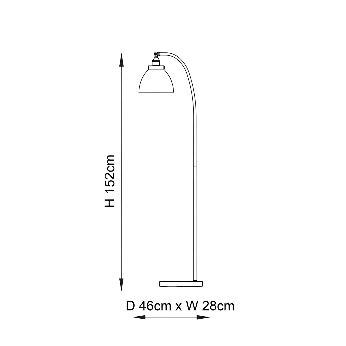 Endon Wentworth floor lamp dimensions diagram showing 152cm height and 46cm by 28cm base with arched stem and domed shade.