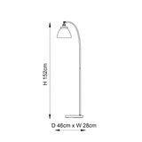 Endon Wentworth floor lamp dimensions diagram showing 152cm height and 46cm by 28cm base with arched stem and domed shade.