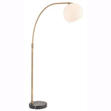 Sinclair floor lamp with a curved brass stem, round white glass globe shade, and black marble base on a plain white background.