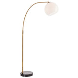 Sinclair Floor Lamp with curved brass stem, round white glass globe shade, and black marble base, shown on a plain white background.