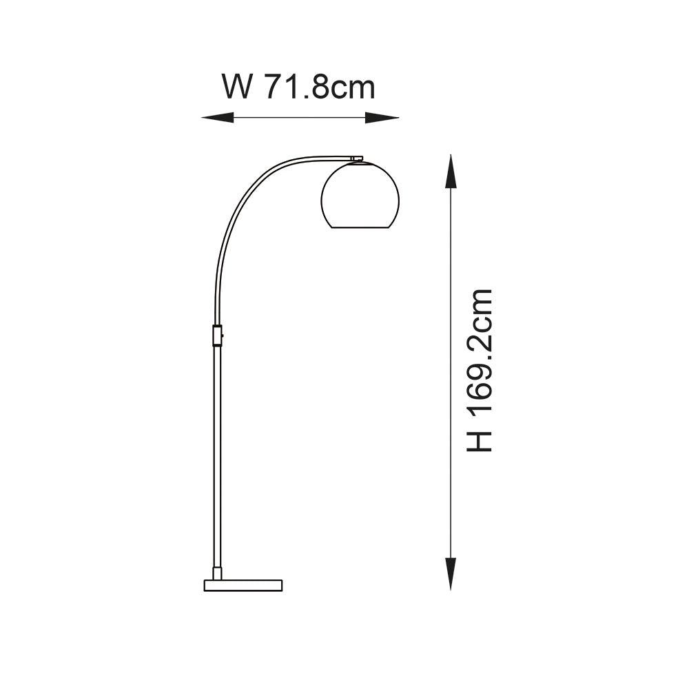 Line drawing of the Sinclair Floor Lamp showing a curved brass stem, white globe shade and marble base, with dimensions W 71.8cm and H 169.2cm.