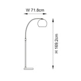 Line drawing of the Sinclair Floor Lamp showing a curved brass stem, white globe shade and marble base, with dimensions W 71.8cm and H 169.2cm.