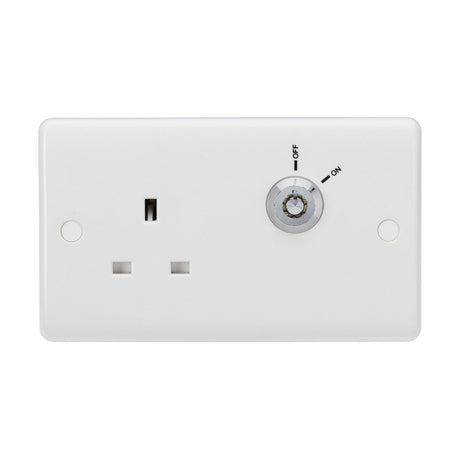 The 13A DP Key Lockable Socket, a white 2 gang plate, combines a single lockable socket with an OFF/ON rotary dial for enhanced energy efficiency and security.