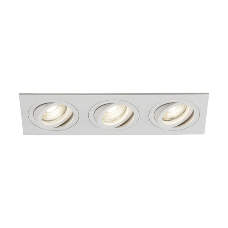The Ambar Tri Tilt Square Downlight - White is a rectangular ceiling light fixture featuring three adjustable spotlights arranged in a row within a sleek white frame. Designed with GU10 light sources, it provides versatile lighting for any room.